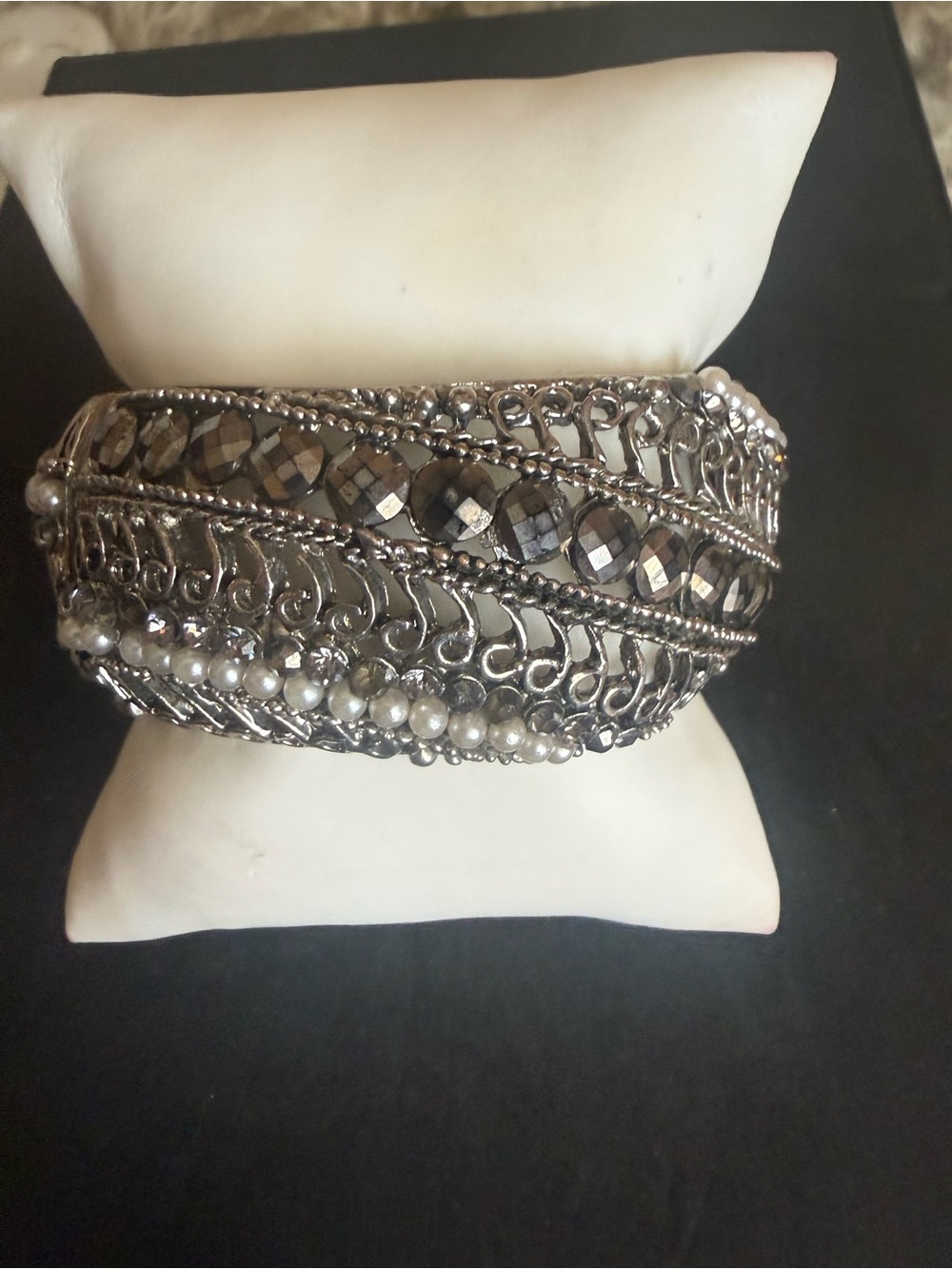 Gunmetal Faceted Bead and Pearl Statement Hinge Bracelet
